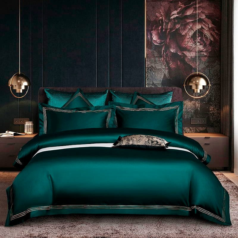 Green Silk Bedding Set | Green Embroidered Bedding | Premium Bedroom