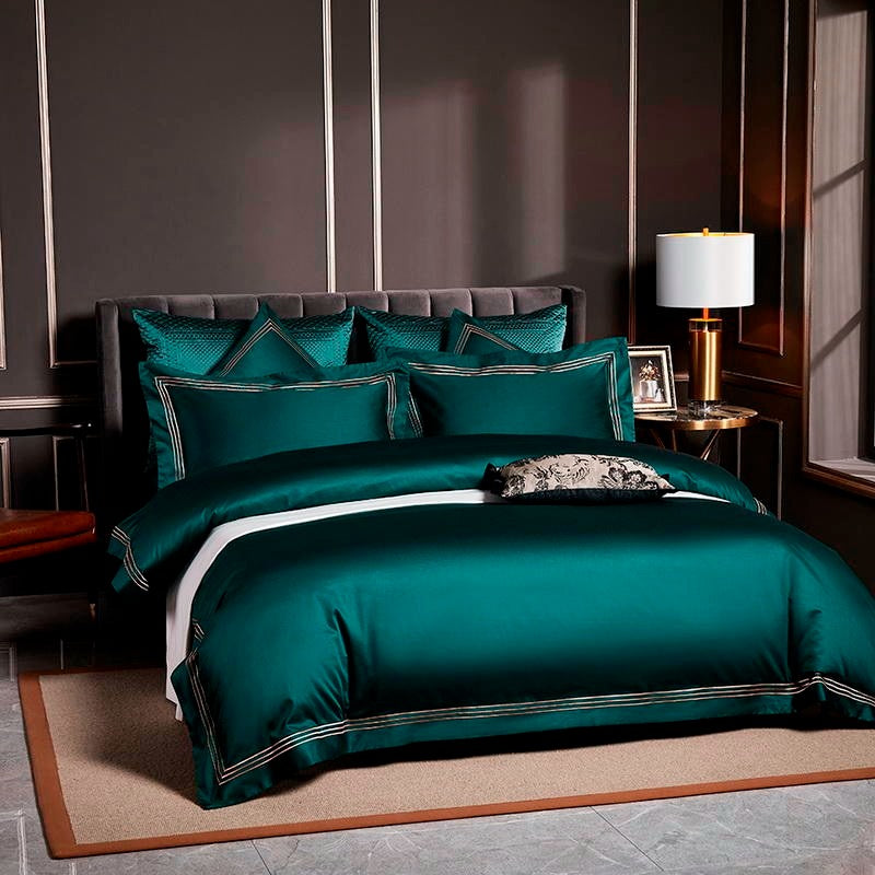 Green Silk Bedding Set | Green Embroidered Bedding | Premium Bedroom