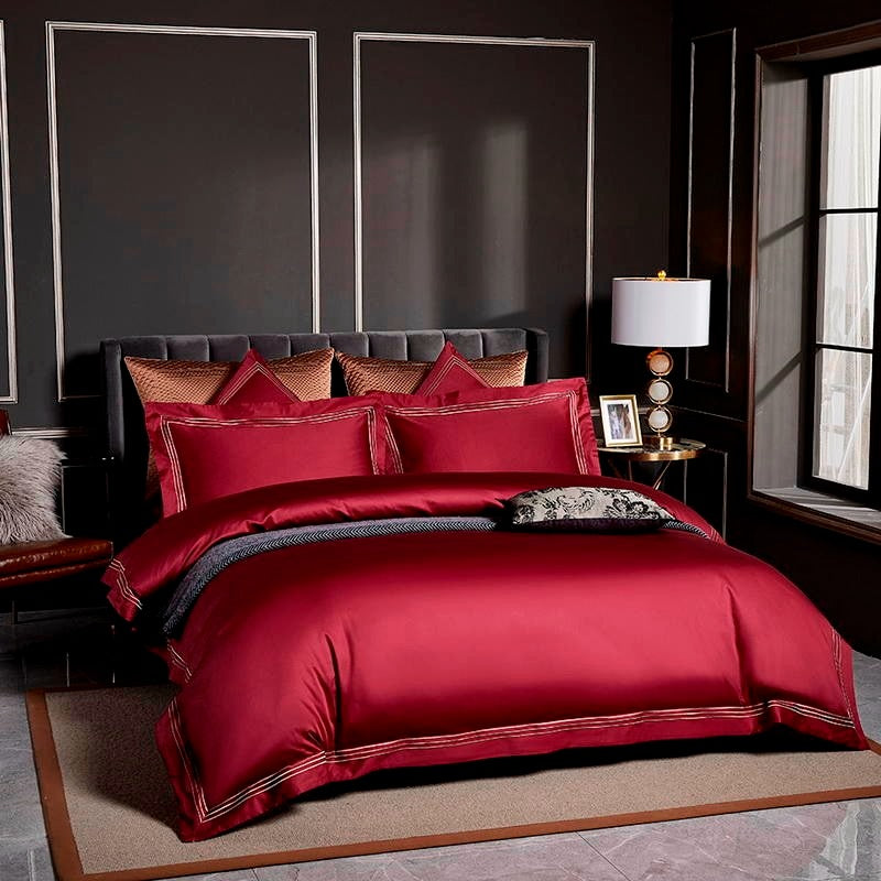 Red Embroidered Edge Bedding Set | Red Bedding Set | Premium Bedroom