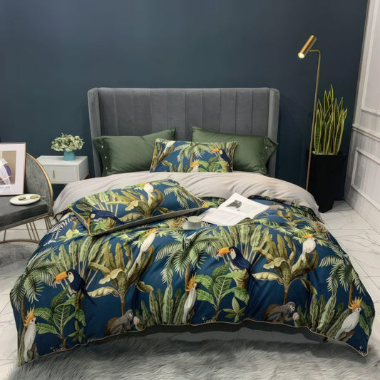 Juego de ropa de cama de algodón egipcio floral con hojas verdes victoriosas