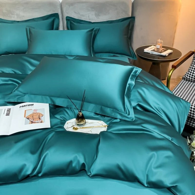 Green Silky Bedding Set | Green Silk Bed Sheets | Premium Bedroom