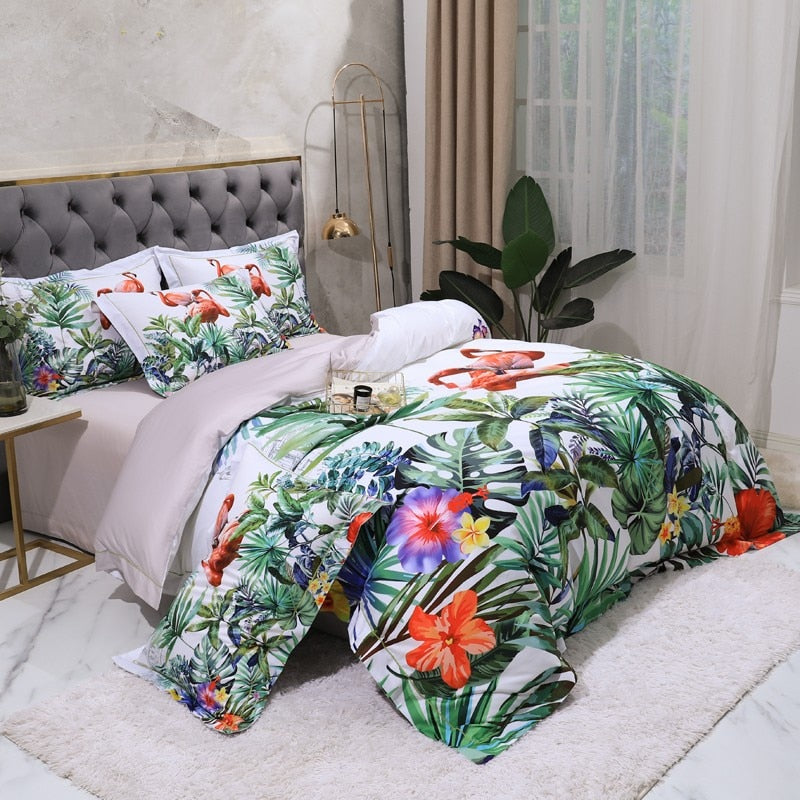 Forest Monkey Toucan Flamingo Duvet Cover Set, popular Green Floral Bedding, Single Double Full Cali Queen King Size, Text n Size Customizable